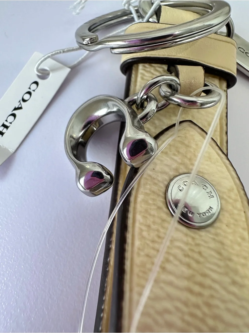 Coach Trigger Snap Leather Keychain Bag Charm  in Hay Silver Hardware CAU86
